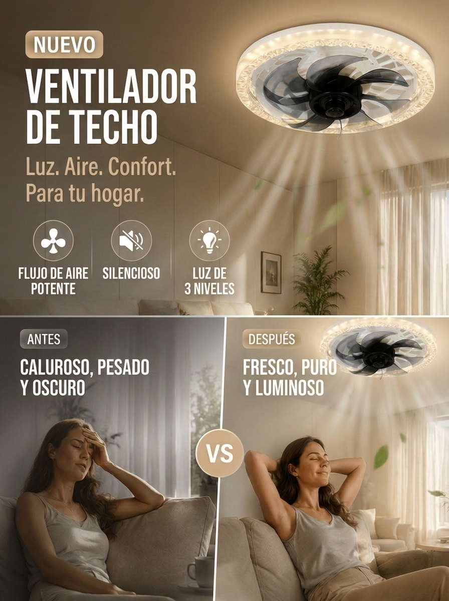 Ventilador silencioso ajustable 2 en 1 con control remoto y luz para dormitorio